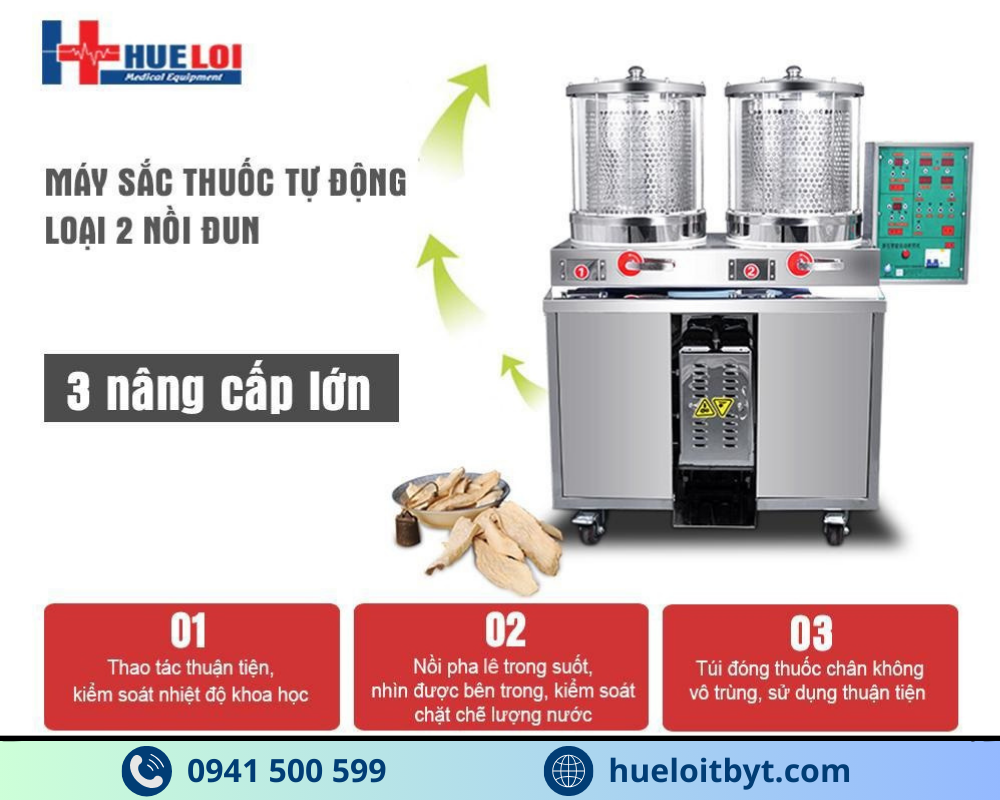 MÁY SẮC THUỐC KÈM ĐÓNG TÚI TỰ ĐỘNG 2 NỒI ĐUN CÔNG SUẤT CAO