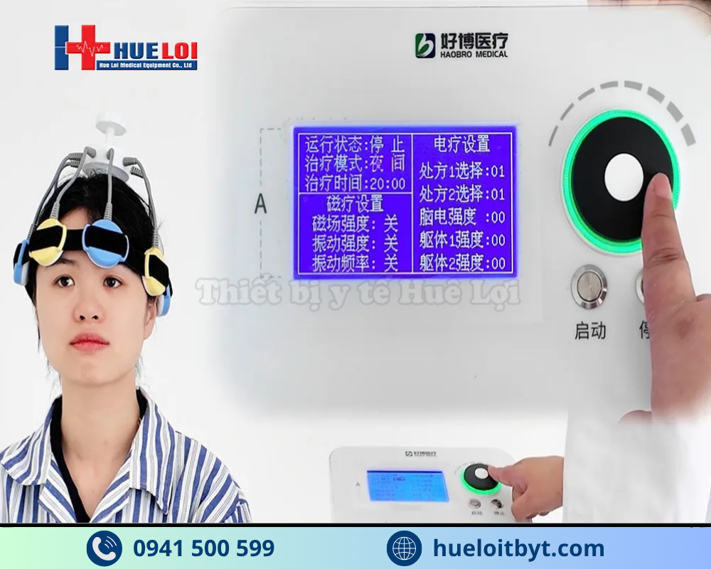 máy từ trường xuyên sọ cường độ thấp HB510B - toàn cảnh máy và mũ trị liệu